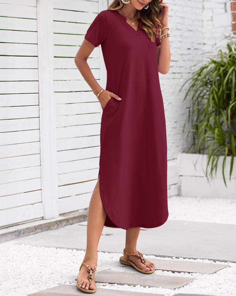 MISFAY Women's Summer Casual Maxi Dress 2026 Short Sleeves V Neck Loose Sundress Split Long Beach T Shirt Dress Vacation Outfits(Wine Red,M) - Image 2