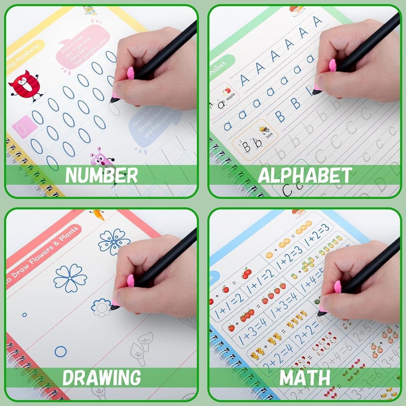 Hocimit Magic Practice Copybook Set for Preschoolers, 4 Books with Numbers, Drawing, Math and Alphabet, 10 Refills, Pen and Grip Set - Image 4