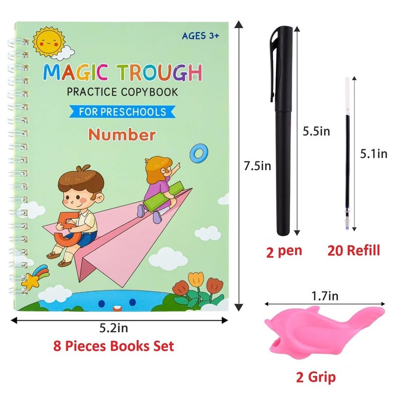 Hocimit Magic Practice Copybook Set for Preschoolers, 4 Books with Numbers, Drawing, Math and Alphabet, 10 Refills, Pen and Grip Set - Image 2