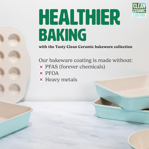 Tasty Clean Ceramic Round Cake Pans Set 2Pack of 9Inch Cake Pans Durable Aluminized Steel for Professional Results Clean Ceramic Nonstick Coating Oven Safe to 425F Dishwasher Safe Aqua - Image 3