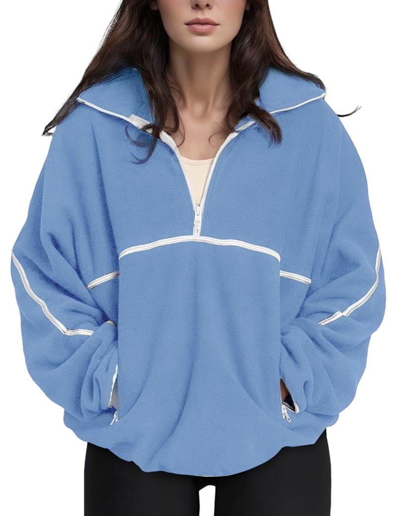 Yimoon Women's Oversized Sweatshirt Quarter Zip Fleece Pullover Casual Long Sleeve Loose Fall Fuzzy Tops Jacket Pockets(Blue-M) - Image 1
