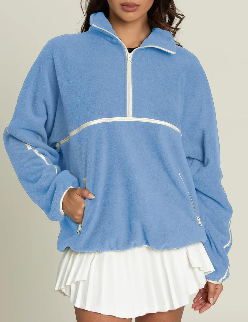 Yimoon Women's Oversized Sweatshirt Quarter Zip Fleece Pullover Casual Long Sleeve Loose Fall Fuzzy Tops Jacket Pockets(Blue-M) - Image 4