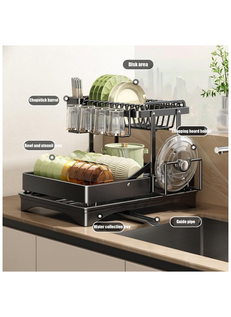 Anmi - 2 Tier Foldable Dish Rack, Double Storage Large Capacity, Kitchen Cutlery Drainer Rack with Water Conduit(White) - Image 1