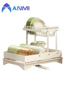Anmi 2 Tier Foldable Dish Rack, Double Storage Large Capacity, Kitchen Cutlery Drainer Rack with Water Conduit(White)  - Image 1