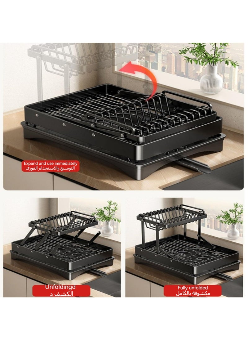 Anmi - 2 Tier Foldable Dish Rack, Double Storage Large Capacity, Kitchen Cutlery Drainer Rack with Water Conduit(White) - Image 1