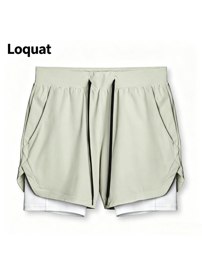 Loquat Five-Point Sports Shorts Half-Length Gym Shorts Fake Two-Piece Quick Drying Double Layer Basketball Pants Anti-Light Running Fitness Summer Fruit Green - Image 1
