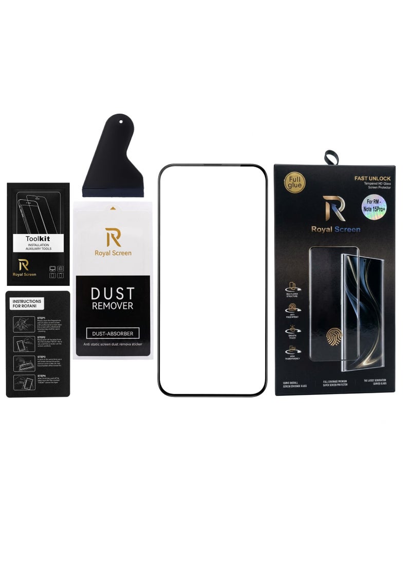 واقي شاشة من الزجاج المقسى المنحني (لاصق كامل) لهاتف Redmi Note 15 Pro+ 5G، مع عبوة التغليف وأدوات التركيب.