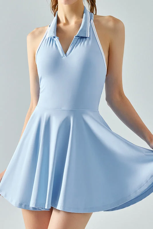 SVL Women's Active Dress with Built-In Bra, Removable Pads, Inner Shorts and Hidden Pocket - Light Blue - SVL