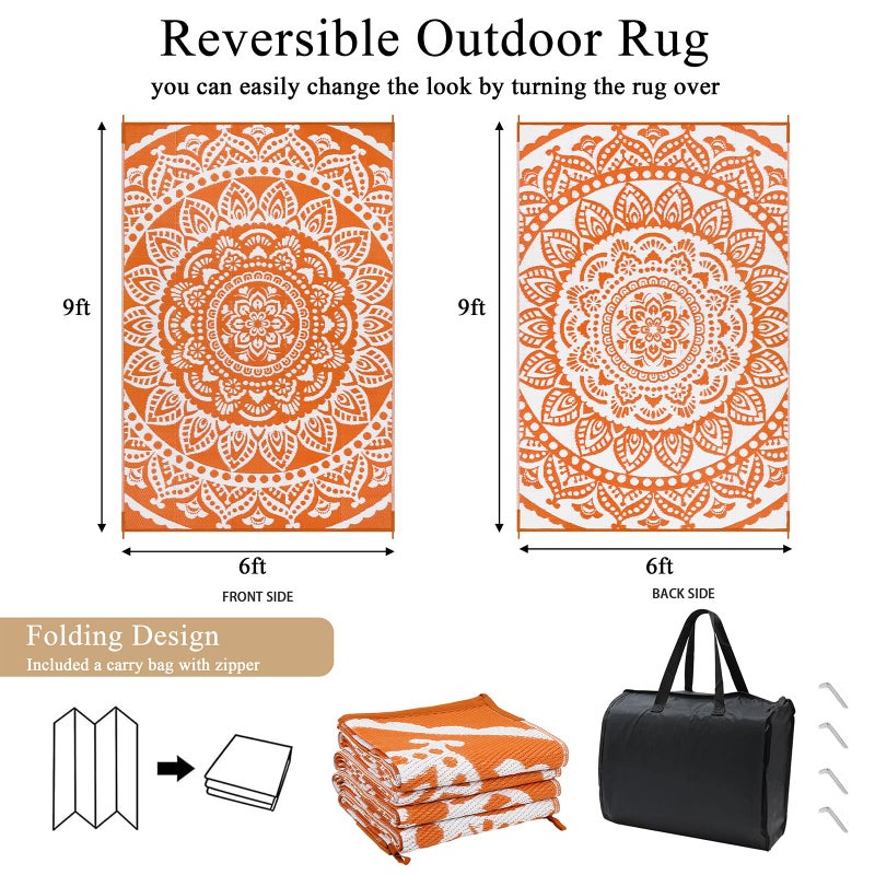 Bsmathom Waterproof Outdoor Rug 6'x9' Reversible Boho Plastic Straw Patio Deck Camping Rugs, Indoor Outdoor Portable RV Mat Clearance Carpet for Outside, Porch, Balcony, Backyard, Beach, Pool,Orange - Image 3