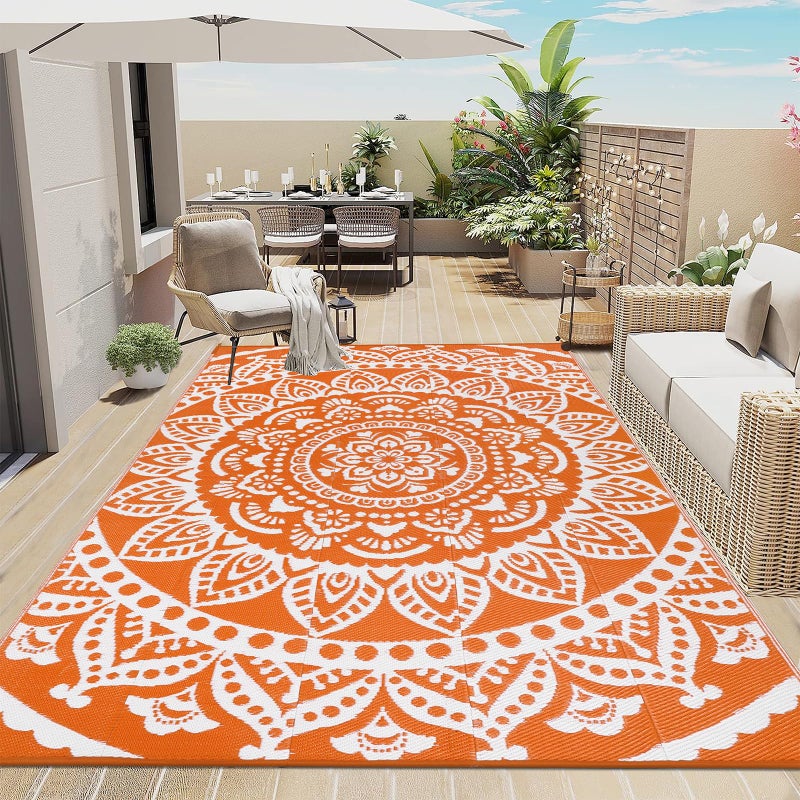 Bsmathom Waterproof Outdoor Rug 6'x9' Reversible Boho Plastic Straw Patio Deck Camping Rugs, Indoor Outdoor Portable RV Mat Clearance Carpet for Outside, Porch, Balcony, Backyard, Beach, Pool,Orange - Image 1