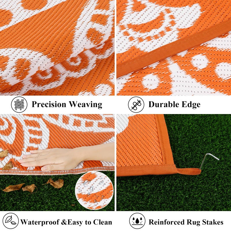 Bsmathom Waterproof Outdoor Rug 6'x9' Reversible Boho Plastic Straw Patio Deck Camping Rugs, Indoor Outdoor Portable RV Mat Clearance Carpet for Outside, Porch, Balcony, Backyard, Beach, Pool,Orange - Image 4