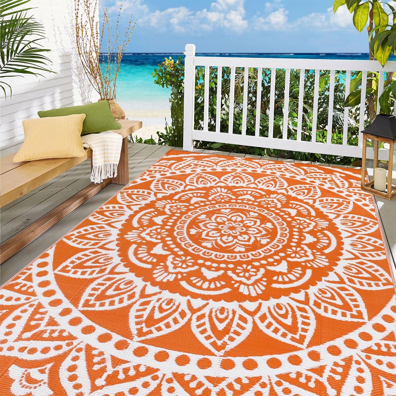 Bsmathom Waterproof Outdoor Rug 6'x9' Reversible Boho Plastic Straw Patio Deck Camping Rugs, Indoor Outdoor Portable RV Mat Clearance Carpet for Outside, Porch, Balcony, Backyard, Beach, Pool,Orange - Image 2