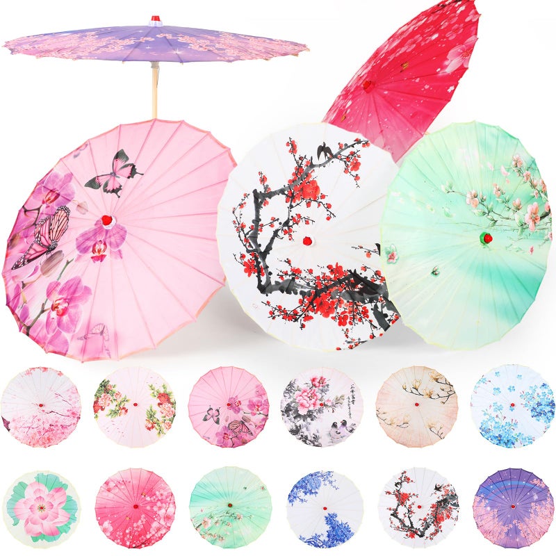 Shinylin 12 Pcs Chinese Oiled Paper Umbrella for Weddings 32 Inch Bamboo Silk Chinese Japanese Parasol Flower Art Dance Umbrella for Bridal Showers Favor Photography Costumes Props(White Blue,Elegant) - Image 1