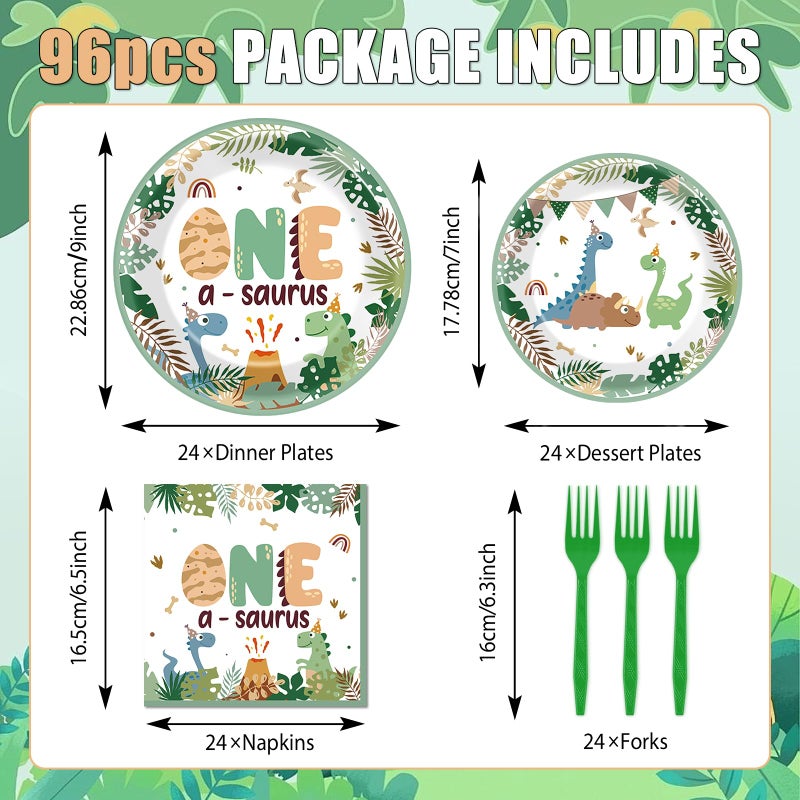 CHUNNIN 96Pcs One A Saurus Dinosaur 1st Birthday Plates and Napkins Boho Dino First Party Decorations Dinosaur First Dessert Plates Cartoon Jungle Dino 1st Tableware for 24 Guests Kids Birthday Party Supplies - Image 2