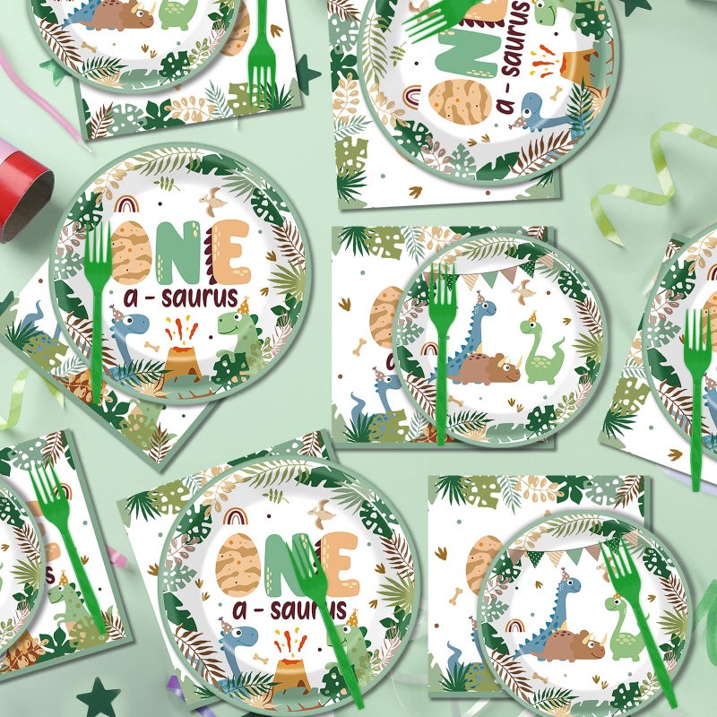 CHUNNIN 96Pcs One A Saurus Dinosaur 1st Birthday Plates and Napkins Boho Dino First Party Decorations Dinosaur First Dessert Plates Cartoon Jungle Dino 1st Tableware for 24 Guests Kids Birthday Party Supplies - Image 5