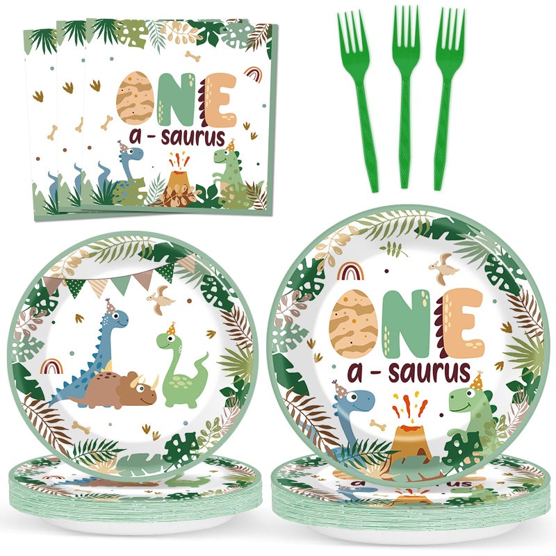 CHUNNIN 96Pcs One A Saurus Dinosaur 1st Birthday Plates and Napkins Boho Dino First Party Decorations Dinosaur First Dessert Plates Cartoon Jungle Dino 1st Tableware for 24 Guests Kids Birthday Party Supplies - Image 1