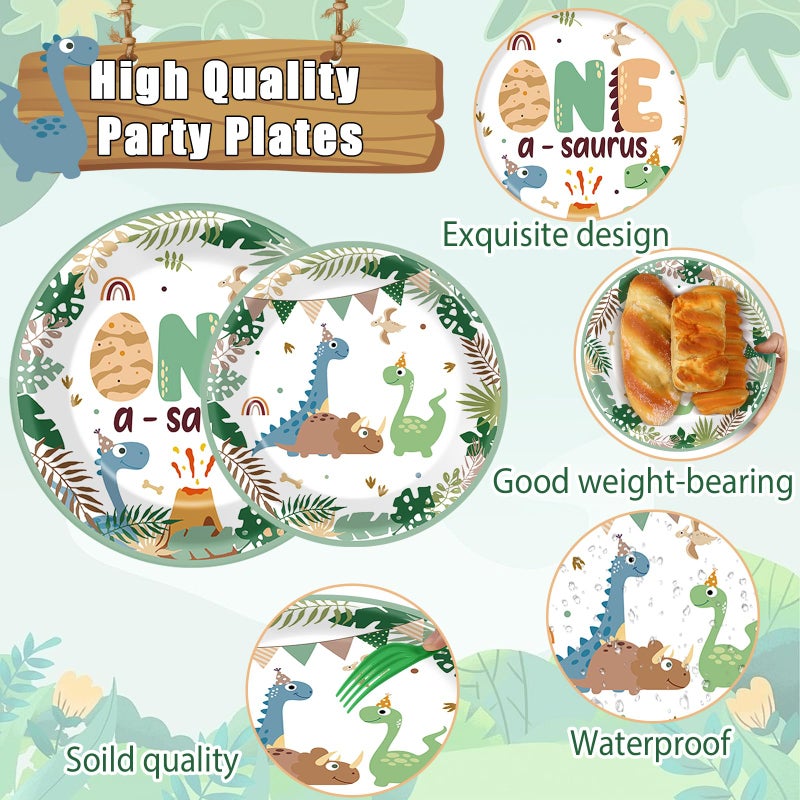 CHUNNIN 96Pcs One A Saurus Dinosaur 1st Birthday Plates and Napkins Boho Dino First Party Decorations Dinosaur First Dessert Plates Cartoon Jungle Dino 1st Tableware for 24 Guests Kids Birthday Party Supplies - Image 3