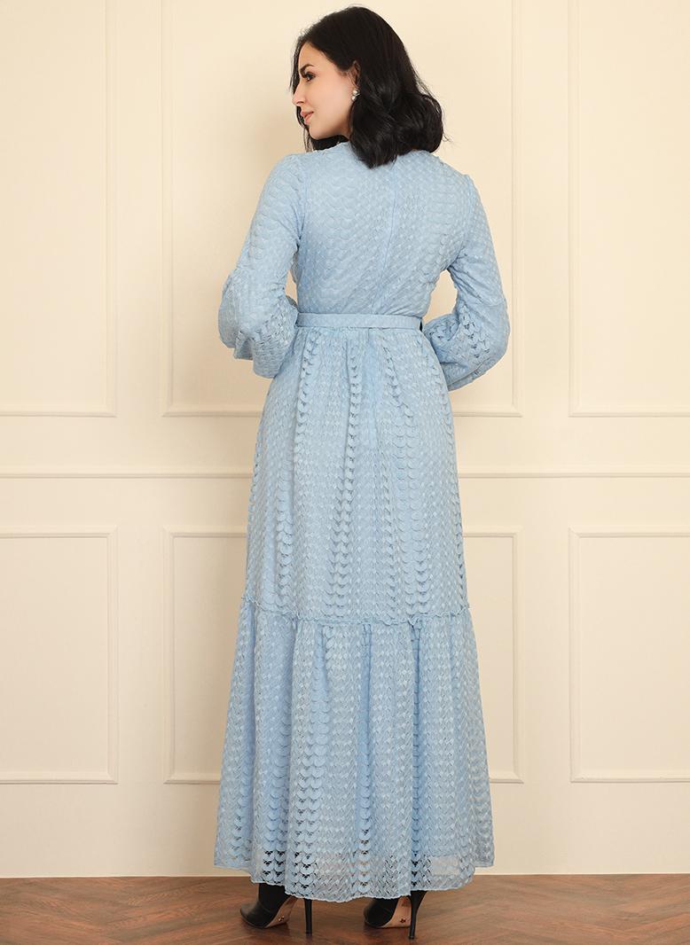 فرايديين انيق دائري اللون الصامد دانتيل حزام كم الفانوس فساتين طويلة ازرق - Image 2