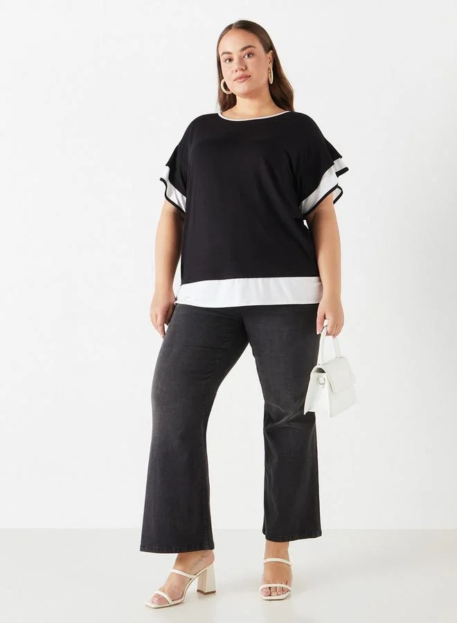 Ulla Popken Plus Size Ulla Popken Colourblock Top with Ruffle Detail