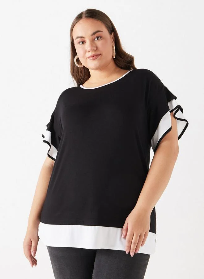Ulla Popken Plus Size Ulla Popken Colourblock Top with Ruffle Detail