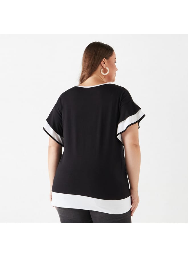 Ulla Popken Plus Size Ulla Popken Colourblock Top with Ruffle Detail  - Image 3