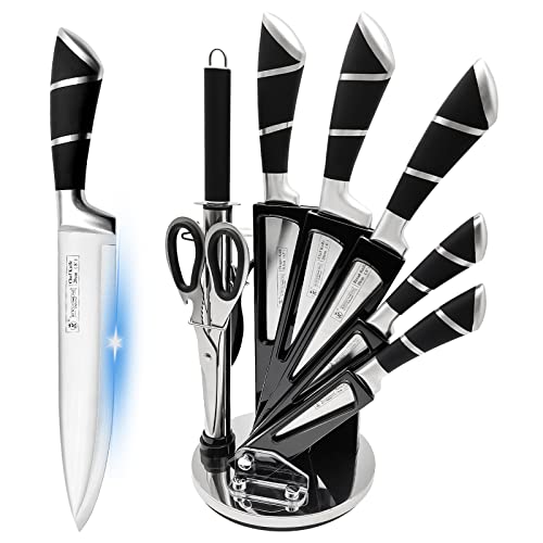 RETROSOHOO Kitchen Knife Set, Retrosohoo 9-Pieces Black Sharp Non-Stick Coated Chef Knives Block Set,Stainless Steel Knife Set for Kitchen with Sharpener for Cutting Slicing Dicing Chopping (Black) - Image 1
