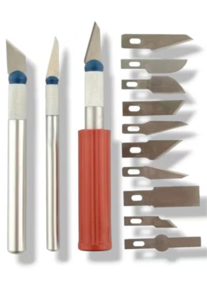 13 Pieces Metal Scalpel Kit Interchangeable Assorted Fine Scalpels for Crafts Carving and Model Making The Scalpel Handle is Non Slip and Pen Shaped in Different Shapes Useful for Hand Cutting Papers and for Carving on Cardboard Cork Rubber Stamps Fruits Engravings and Artwork The Kit is Packed in a Tightly Sealed Box to Prevent Damage or Loss The Color of the Box is Blue - Image 2