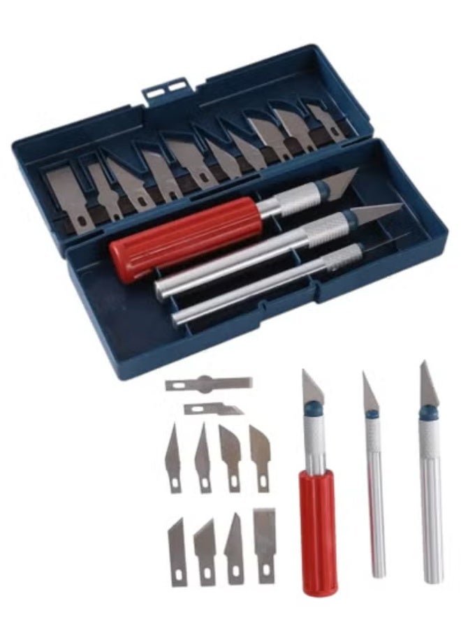 13 Pieces Metal Scalpel Kit Interchangeable Assorted Fine Scalpels for Crafts Carving and Model Making The Scalpel Handle is Non Slip and Pen Shaped in Different Shapes Useful for Hand Cutting Papers and for Carving on Cardboard Cork Rubber Stamps Fruits Engravings and Artwork The Kit is Packed in a Tightly Sealed Box to Prevent Damage or Loss The Color of the Box is Blue - Image 1