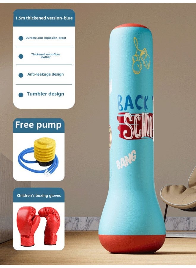 Children's Tumbler Boxing Column Sandbag Inflatable Sandbag Sanda Household Vertical Kids Toy Boxing Training Cool-Color:Upgraded Thickened And Durable Leather 【1.5m Blue】 Comes With Air Pump + Children's Boxing Gloves - Image 1
