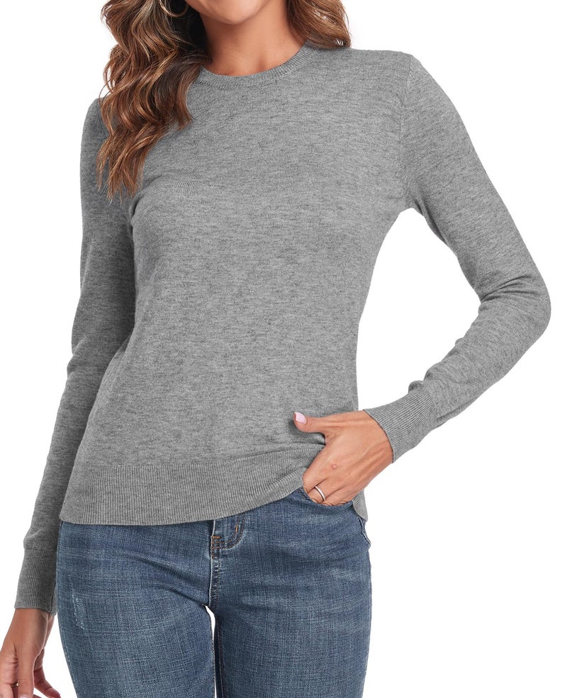 QUALFORT Women's Grey Crewneck Sweater Lightweight Knitted Pullovers Large - Image 5