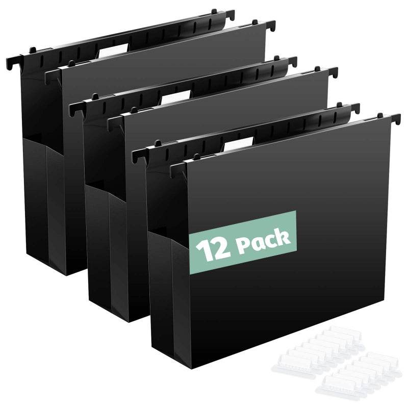 SHUTEX Plastic Expanding Hanging File Folders,12 Pack Reinforced Extra Capacity Hang Folders,Letter Size,Accordian Pocket,Heavy Duty 2 Inch Expansion,Hanging Folder Organizer for Office Home,Black - Image 1