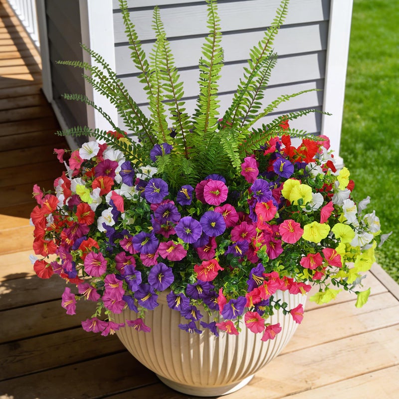 Hrobek Artificial Flowers for Outdoors Faux Plants Outside Indoor,UV Resistant Silk Fake Morning Glory Tall Ferns for Home Patio Garden Yard Front Porch Decor (13 Bunches,7 Multi Colors) - Image 1