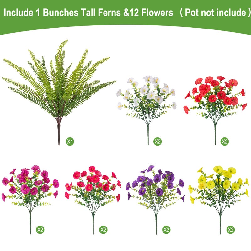 Hrobek Artificial Flowers for Outdoors Faux Plants Outside Indoor,UV Resistant Silk Fake Morning Glory Tall Ferns for Home Patio Garden Yard Front Porch Decor (13 Bunches,7 Multi Colors) - Image 2