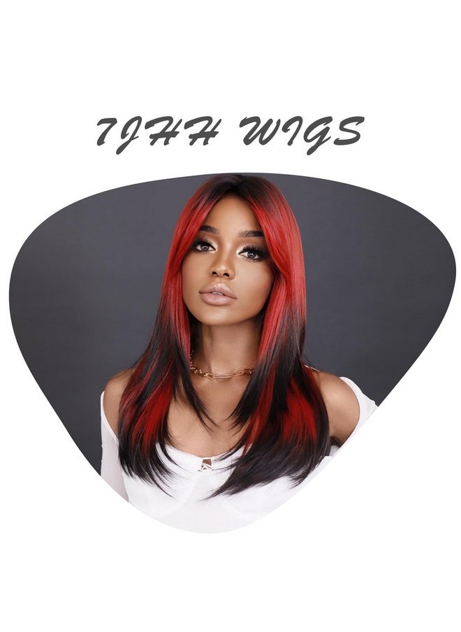7JHH WIGS - Long Wavy Wig Red And Black Layered Wig With Curtain Bangs, Synthetic High Density Heat Resistant Hair Straight Wig Ends Dyed Black For Daily Party 25 Inches - Image 1