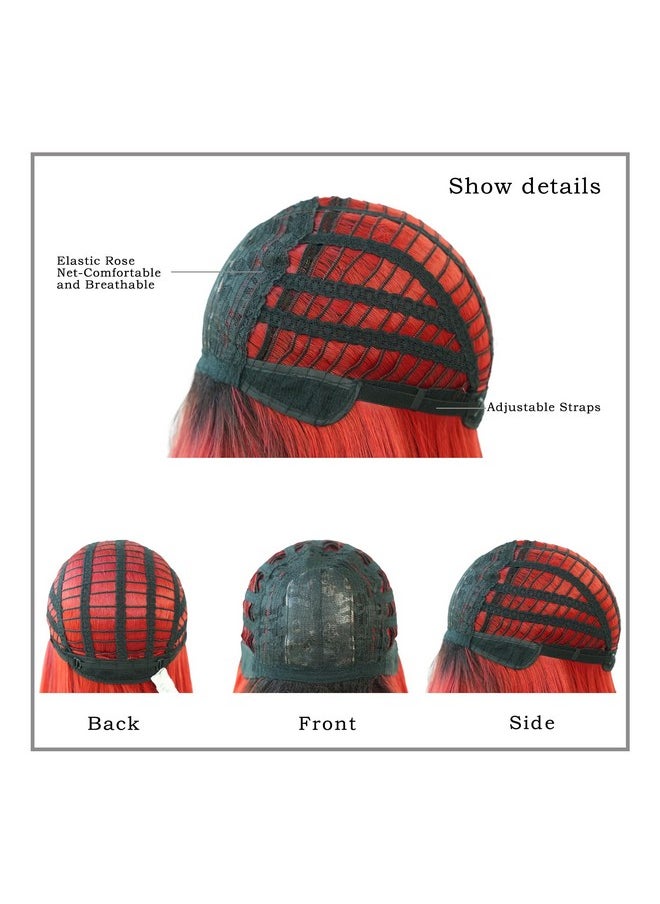7JHH WIGS - Long Wavy Wig Red And Black Layered Wig With Curtain Bangs, Synthetic High Density Heat Resistant Hair Straight Wig Ends Dyed Black For Daily Party 25 Inches - Image 1