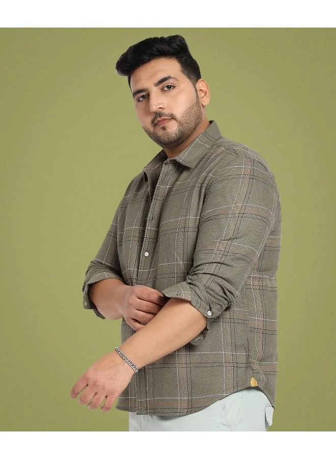 Instafab Plus Men's Olive Green Maxi Tartan Plaid Shirt For Casual Wear | Spread Collar | Long Sleeve | Button Closure | Cotton Shirt Crafted With Comfort Fit For Everyday Wear