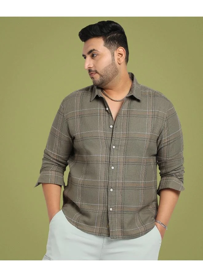 Instafab Plus Men's Olive Green Maxi Tartan Plaid Shirt For Casual Wear | Spread Collar | Long Sleeve | Button Closure | Cotton Shirt Crafted With Comfort Fit For Everyday Wear