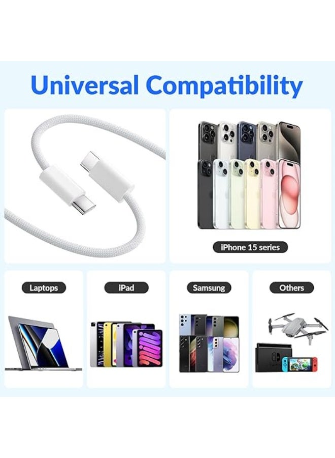 كابل AASHZ من النوع C إلى USB-C بطول 2 متر، بقوة 60 واط، مضفر، لشحن أسرع، يدعم تقنية الشحن السريع PD، متوافق مع أجهزة iPhone 15/15 Pro/15 Plus/15 Pro Max، وiPad Mini/Pro، وMacBook Pro/Air، باللون الأبيض - Image 3