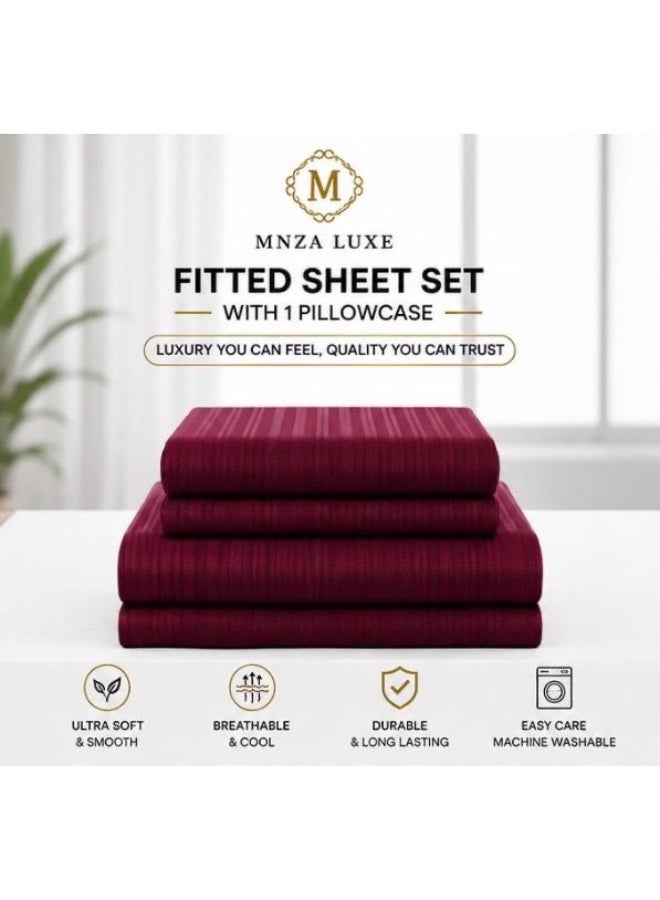 MNZA LUXE 1cm Strip Microfibre Fitted Bedsheet Set, 1 Fitted Sheet + 1 Pillow Cover | Ultra Soft, Breathable & Wrinkle Resistant | Maroon - Image 4