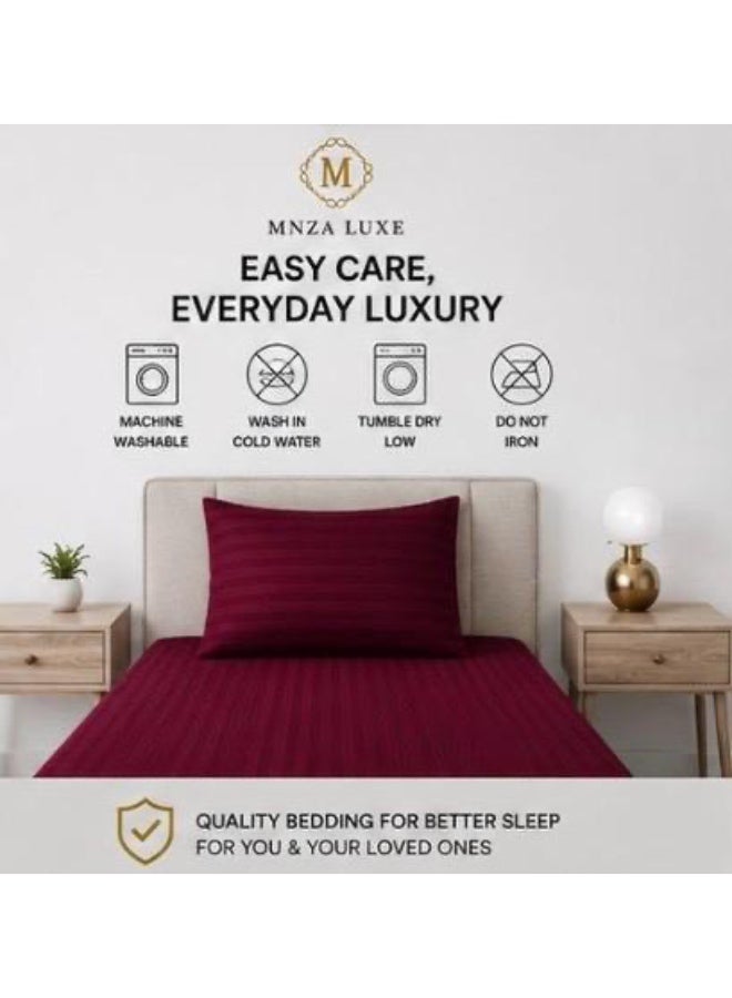 MNZA LUXE 1cm Strip Microfibre Fitted Bedsheet Set, 1 Fitted Sheet + 1 Pillow Cover | Ultra Soft, Breathable & Wrinkle Resistant | Maroon - Image 3