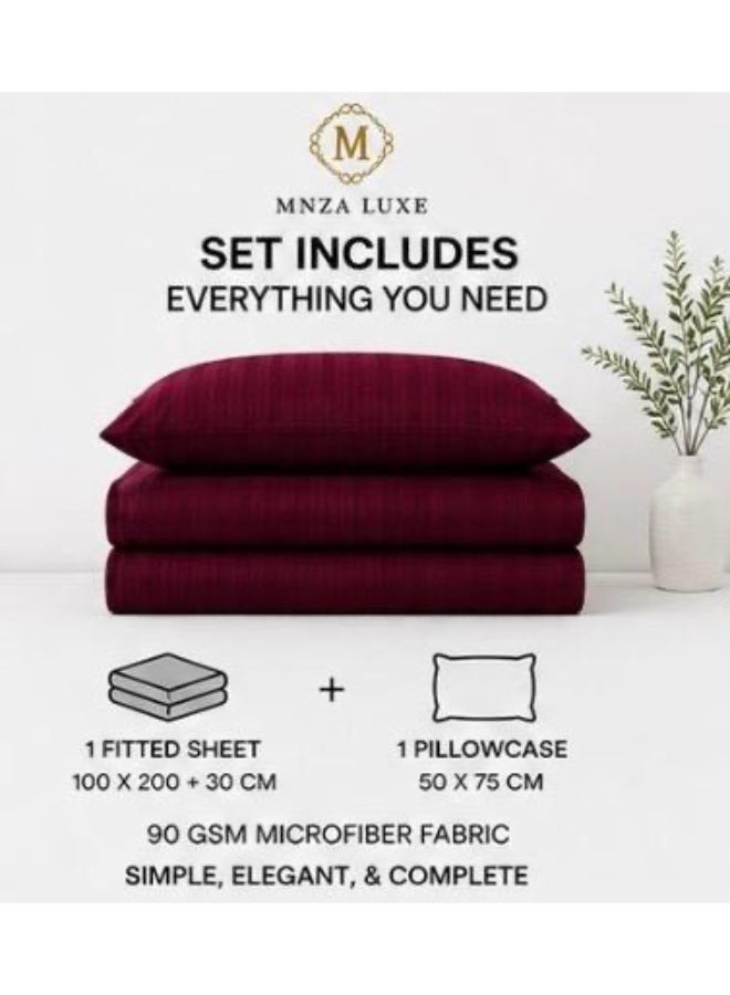 MNZA LUXE 1cm Strip Microfibre Fitted Bedsheet Set, 1 Fitted Sheet + 1 Pillow Cover | Ultra Soft, Breathable & Wrinkle Resistant | Maroon - Image 2