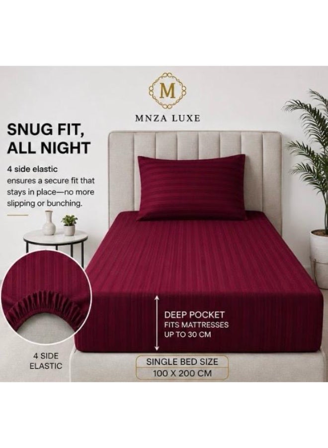 MNZA LUXE 1cm Strip Microfibre Fitted Bedsheet Set, 1 Fitted Sheet + 1 Pillow Cover | Ultra Soft, Breathable & Wrinkle Resistant | Maroon - Image 1