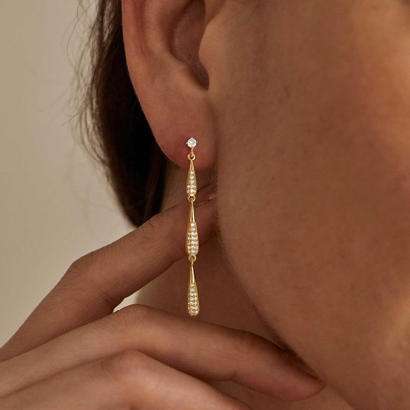 Fglqfam Gold Dangle Earrings for Women, 14K Plated CZ Huggie Drop Earrings, Dainty Long Chain Jewelry Gift for Women Teen Her (3 Pave CZ) - Image 3
