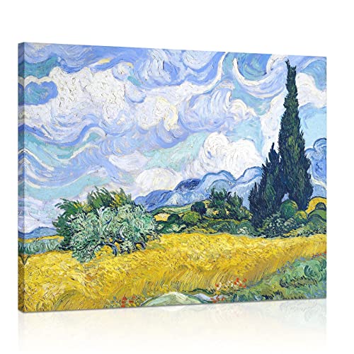 1 KINGO Van Gogh Canvas Wall Art: Wheat Field with Cypresses Oil Painting Picture Reproduction Bedroom Decor, Famous Art Prints Modern Artwork Framed Poster Home Decoration 12" x 15" - Image 2