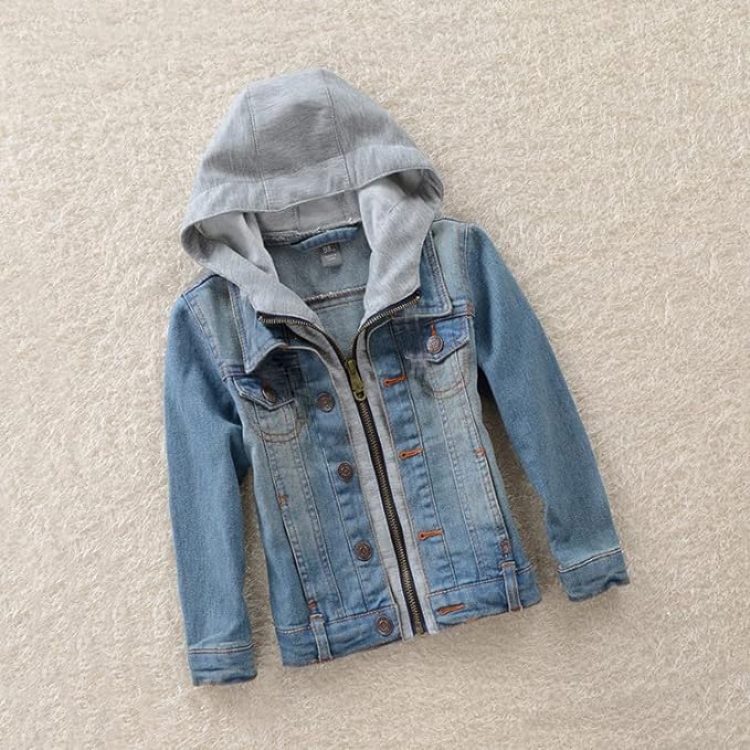Mallimoda Kids Boys Girls Hooded Denim Jacket Zipper Coat Outerwear Style 2 Blue 7-8 Years - Image 2