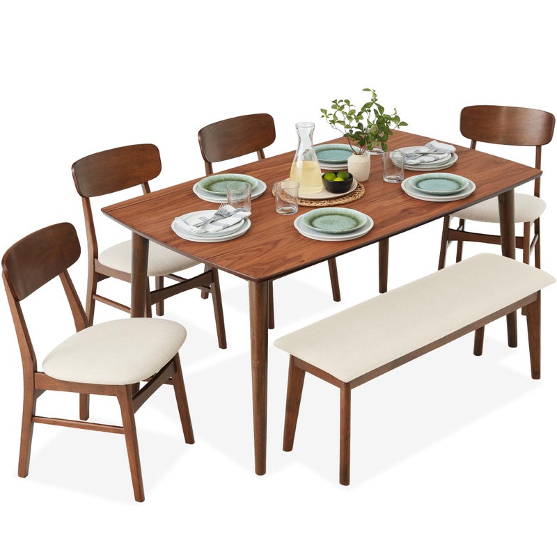 Best Choice Products 6Piece Wooden Dining Set MidCentury Modern Table  Upholstered Chair Set wBench Seat Rubberwood Legs  WalnutCream