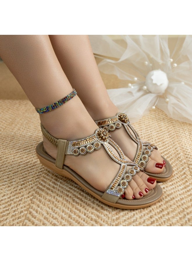 Women's Bohemian Rhinestone Flat Sandals Open Toe Elastic Strap Casual Beach Sandals for Daily Wear, Travel & Holidays - Image 4