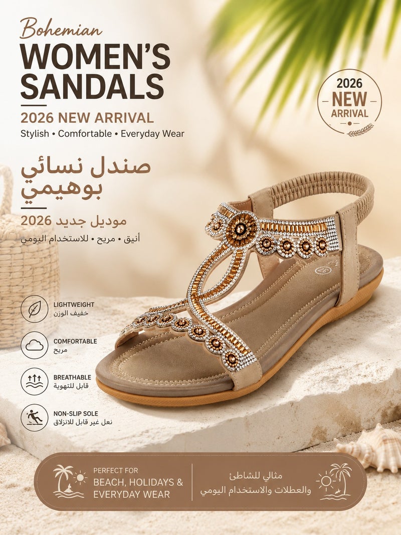 Women's Bohemian Rhinestone Flat Sandals Open Toe Elastic Strap Casual Beach Sandals for Daily Wear, Travel & Holidays - Image 1