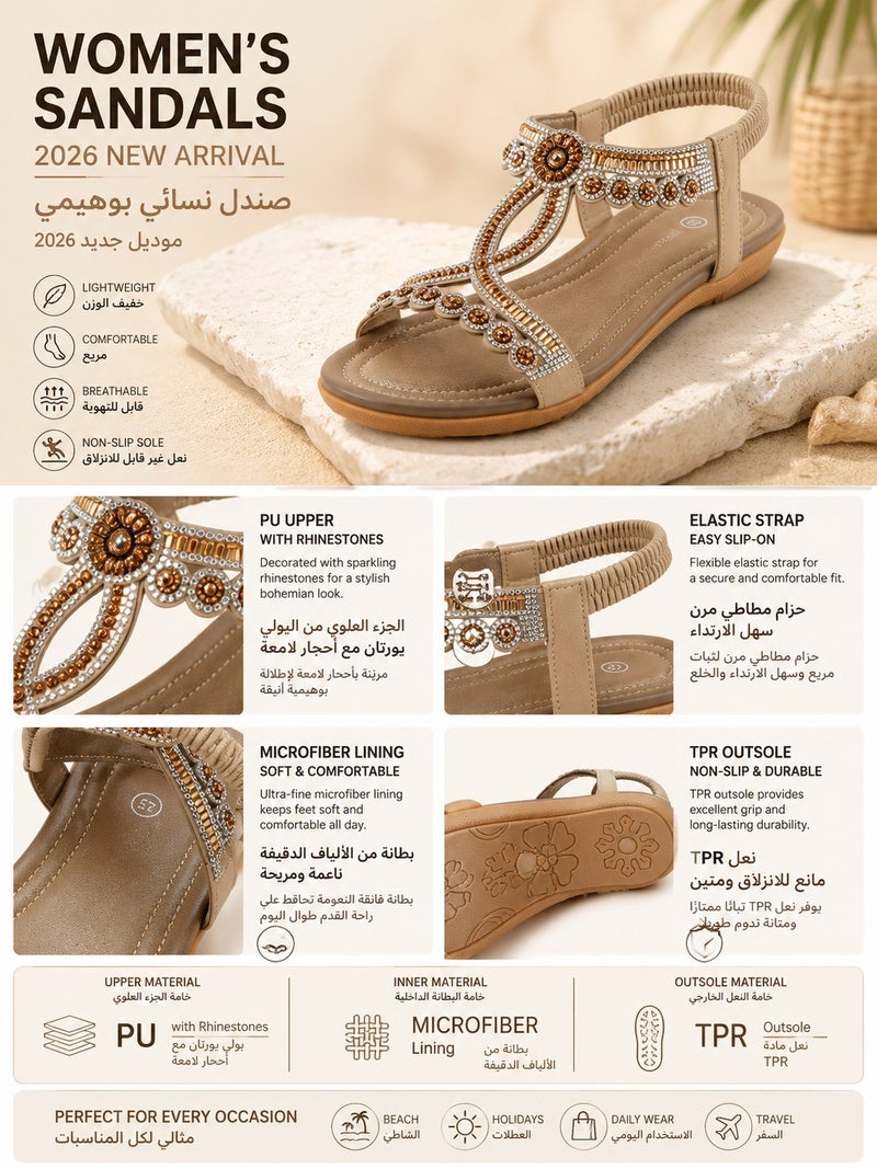Women's Bohemian Rhinestone Flat Sandals Open Toe Elastic Strap Casual Beach Sandals for Daily Wear, Travel & Holidays - Image 2