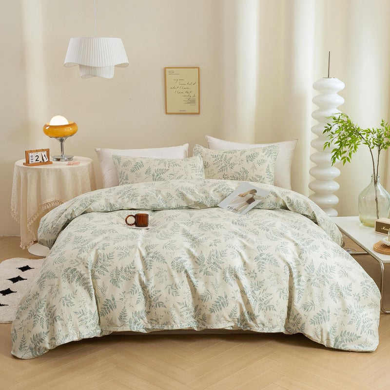 ECOCOTT 3 Pieces Duvet Cover Set with Vintage Green Leaves Pattern 100 Natural Cotton Cozy Simple Style Bedding Set Queen Size